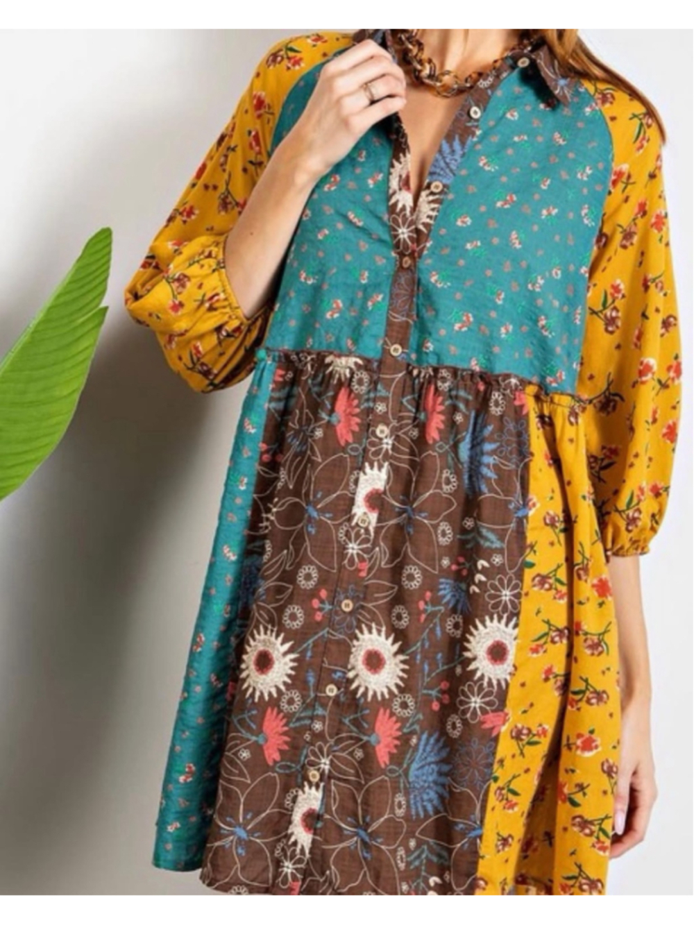 Easel Patchwork Floral Shirt Dress Large Boho Cottagecore Button Front Midi L